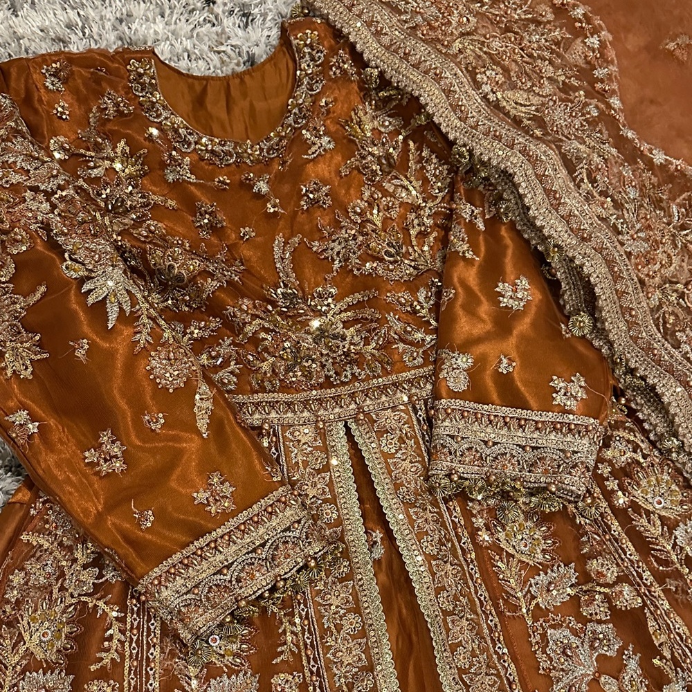 Embellished Beige Dress net embroidered lengha kurti bust 36/37  rust colored
